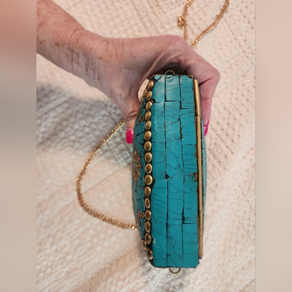 Ramla Handmade Turquoise Mosaic Floral Purse with Gold Chain Strap Southwestern - Picture 4 of 11